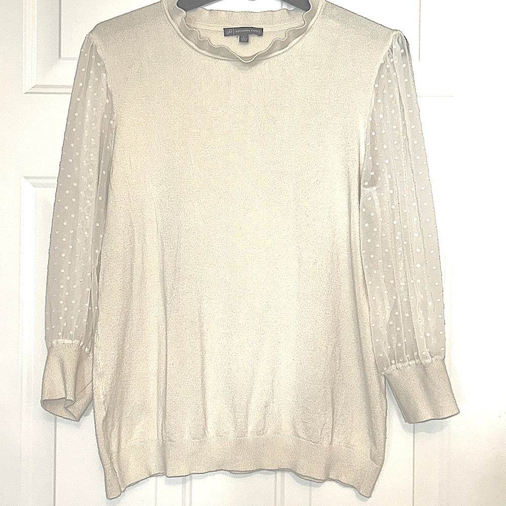 Adrianna Papell Ruffle Neck Top L Ivory LS Feminine Semi Sheer Sleeve Embroidery